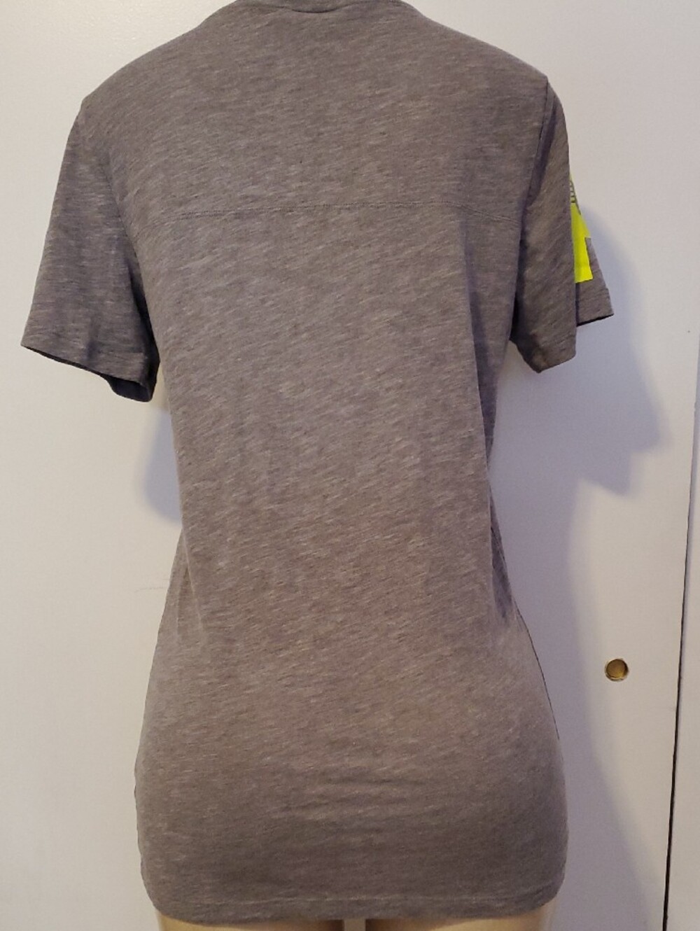 PINK Victoria's Secret Heather Gray V-Neck Tee with Neon Yellow Logo - Picture 2 of 10